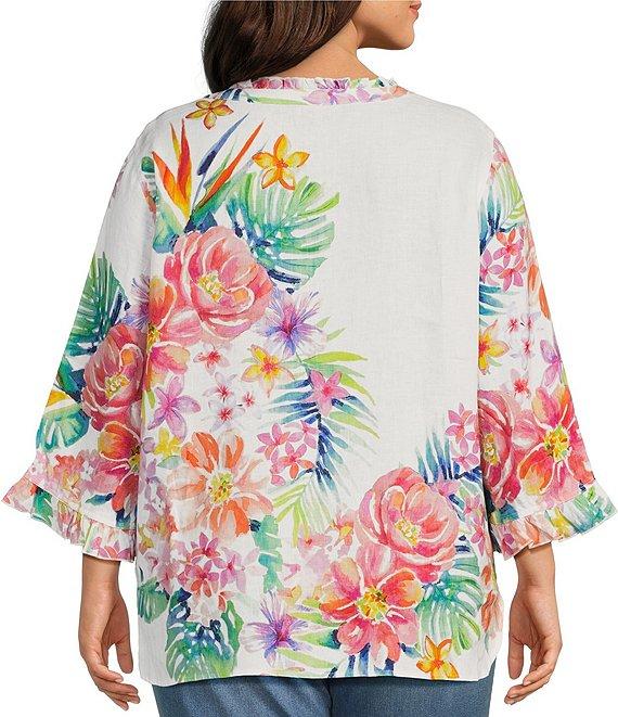 John Mark Plus Size Woven Linen Floral Ruffle Y-Neck 3/4 Sleeve Blouse Product Image