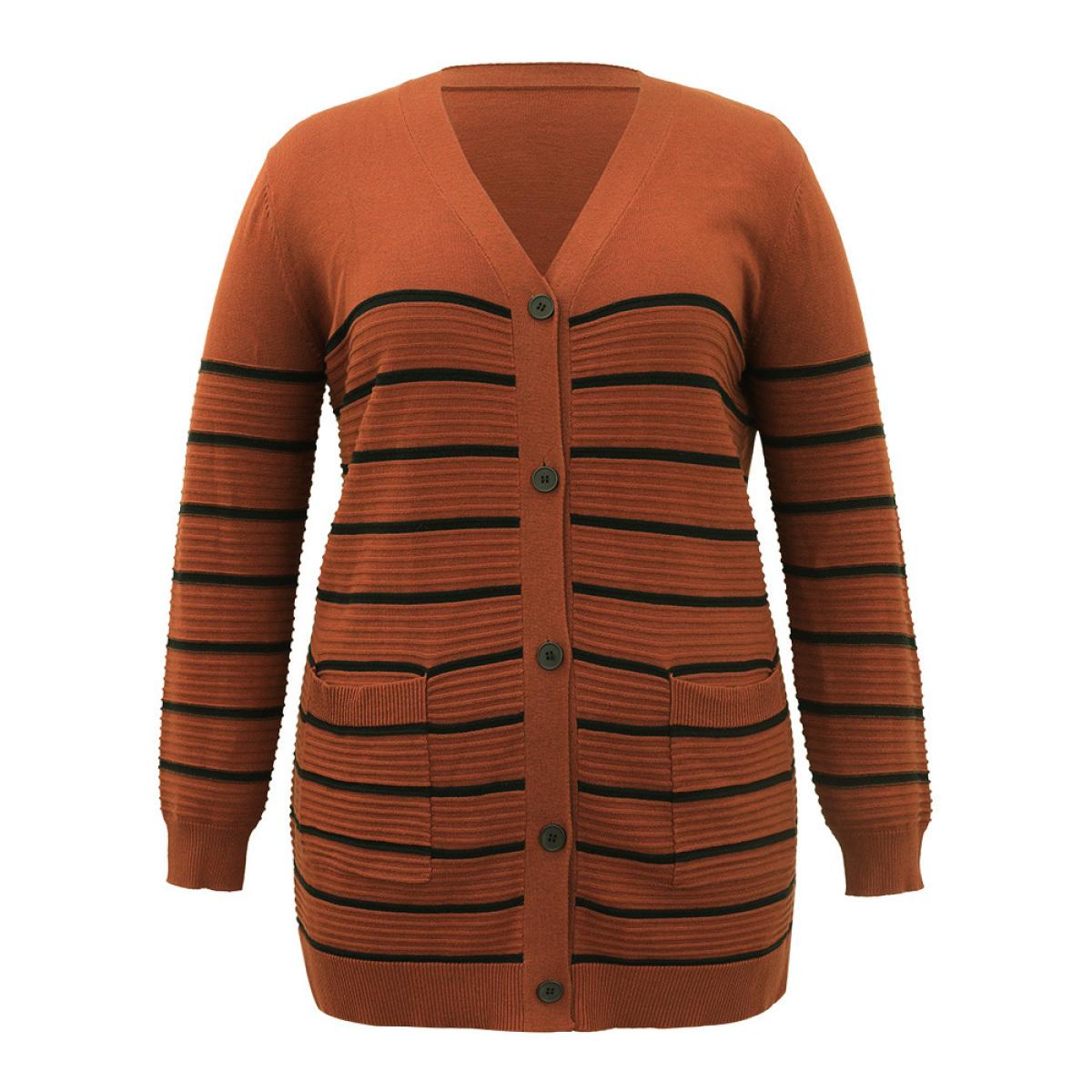 Plus Size Striped Button Down Patched Pocket Cardigan Rust Women Casual Loose Long Sleeve Everyday Cardigans BloomChic 10/M Product Image