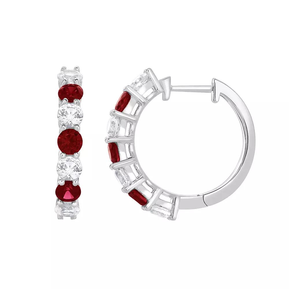 Gemstone Brilliance Sterling Silver Gemstone & Lab-Created White Sapphire Hoop Earrings, Women's, Created Red Product Image