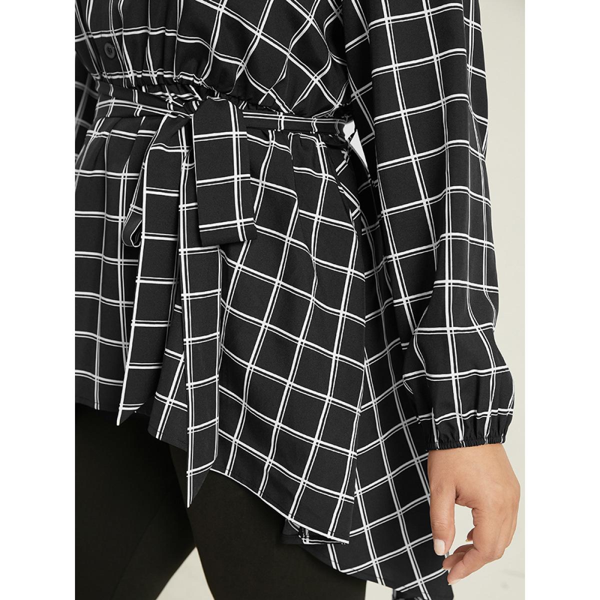 Plus Size Black Plaid Button Up Belted High Low Hem Blouse Women Office Long Sleeve Shirt collar Office Blouses BloomChic 22-24/3X Product Image