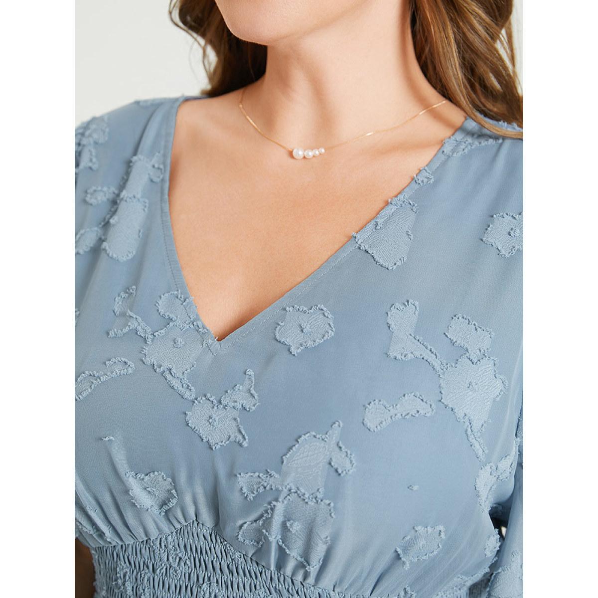 Plus Size Solid Textured Ruffle Pocket Shirred Waist Dress Stone Women Elegant Lined V-neck Short sleeve Curvy Midi Dress BloomChic 28/5X Product Image