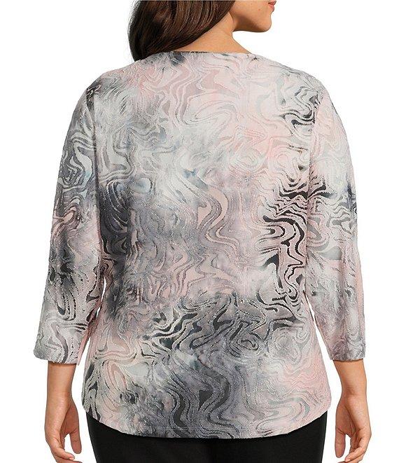 Allison Daley Plus Size Wavy Jod Tie-Dye 3/4 Sleeve Crew Neck Knit Top Product Image