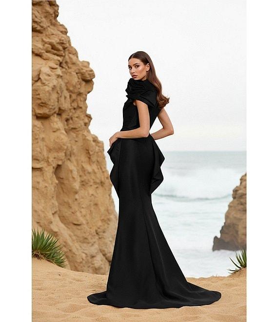 Terani Couture Taffeta One Floral Applique Shoulder Peplum Gown Product Image