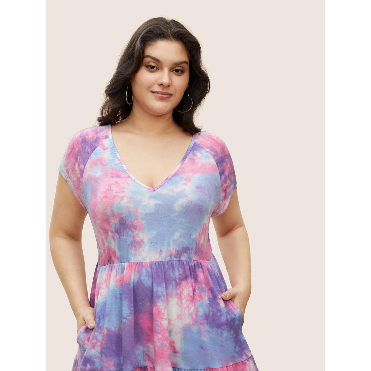 Plus Size Tie Dye Raglan Sleeve Patchwork Gathered Dress Multicolor Women Casual Gathered V-neck Cap Sleeve Curvy Midi Dress BloomChic 22-24/3X Product Image