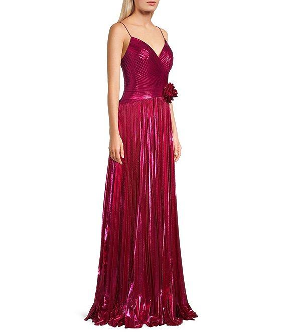 Jovani Metallic V-Neck Spaghetti Strap Pleated A-Line Gown Product Image