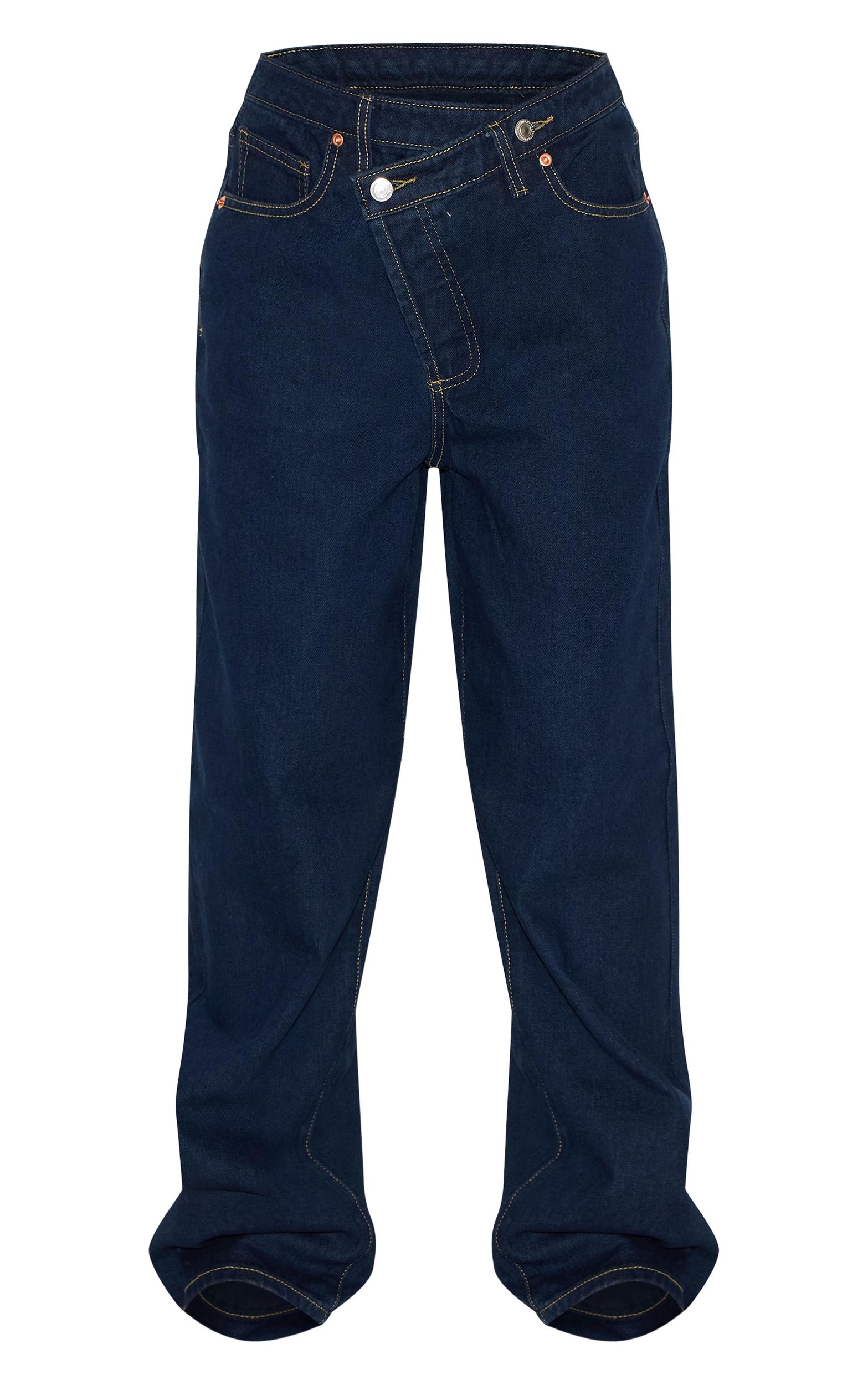Petite Indigo Denim Asymmetric Waistband Straight Leg Jeans Product Image