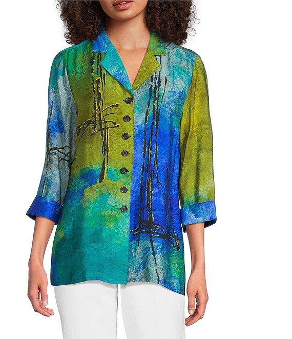 Ali Miles Woven Color Block Print Point Collar 3/4 Sleeve Button Front Tunic Product Image
