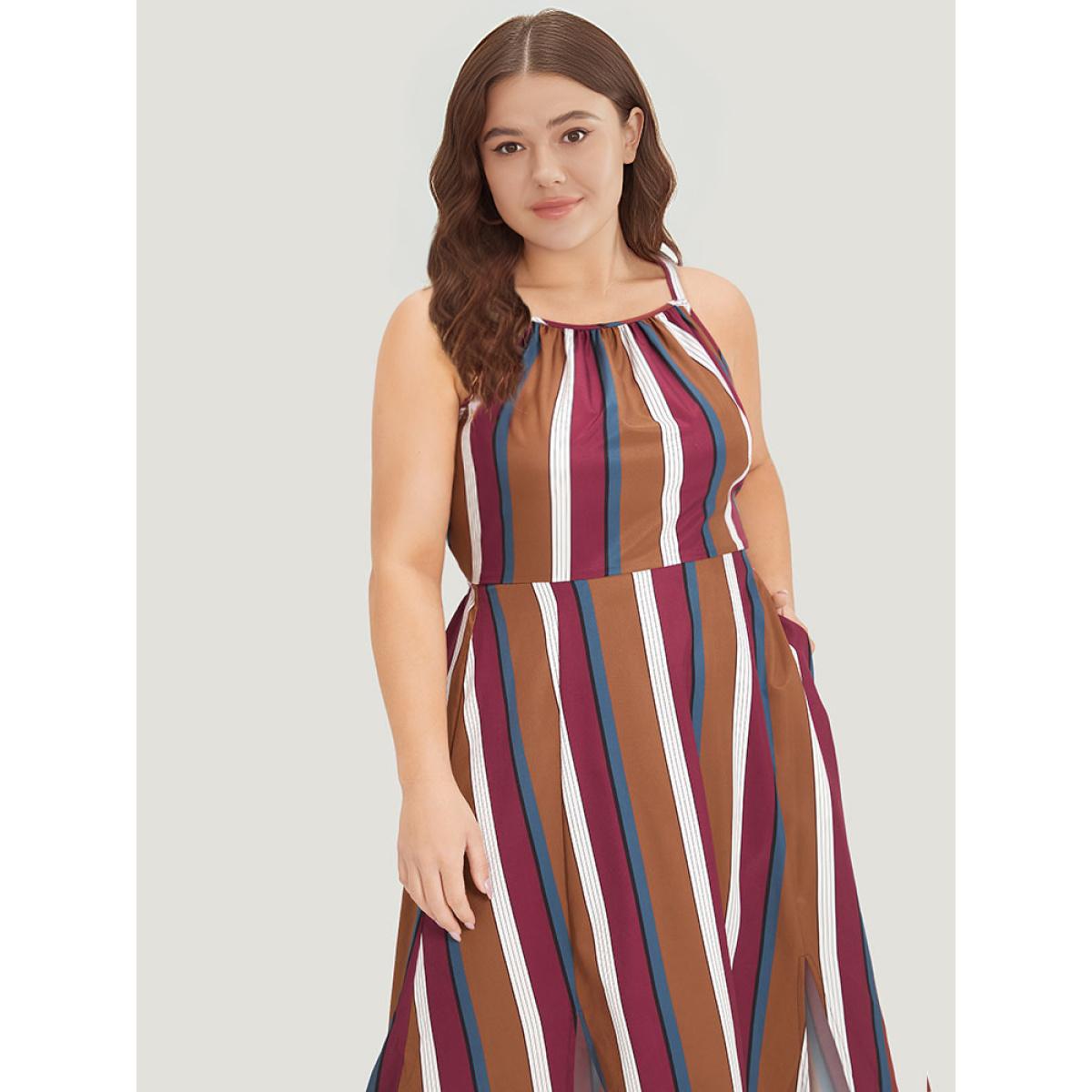 Plus Size Striped Bowknot Cut Out Split Hem Gathered Cami Dress Multicolor Women Elegant Knotted Spaghetti Strap Sleeveless Curvy Midi Dress BloomChic 30/6X Product Image