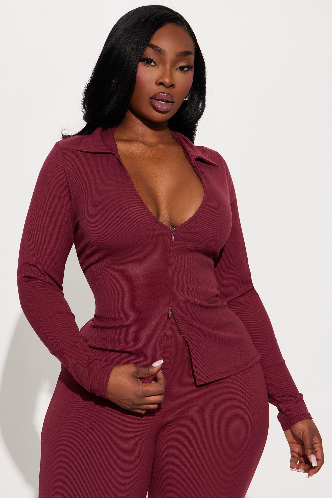 Marlen Ribbed Pant Set - Burgundy Product Image