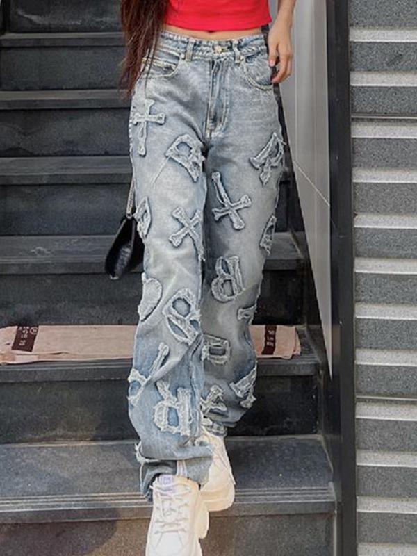 Letter Patch Faded Boyfriend Jeans Product Image