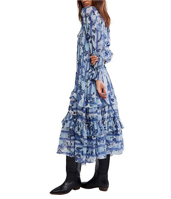 Free People Garden Wonders Ruffle V-Neck Long Sleeve Button Front Tiered Midi Dress Product Image