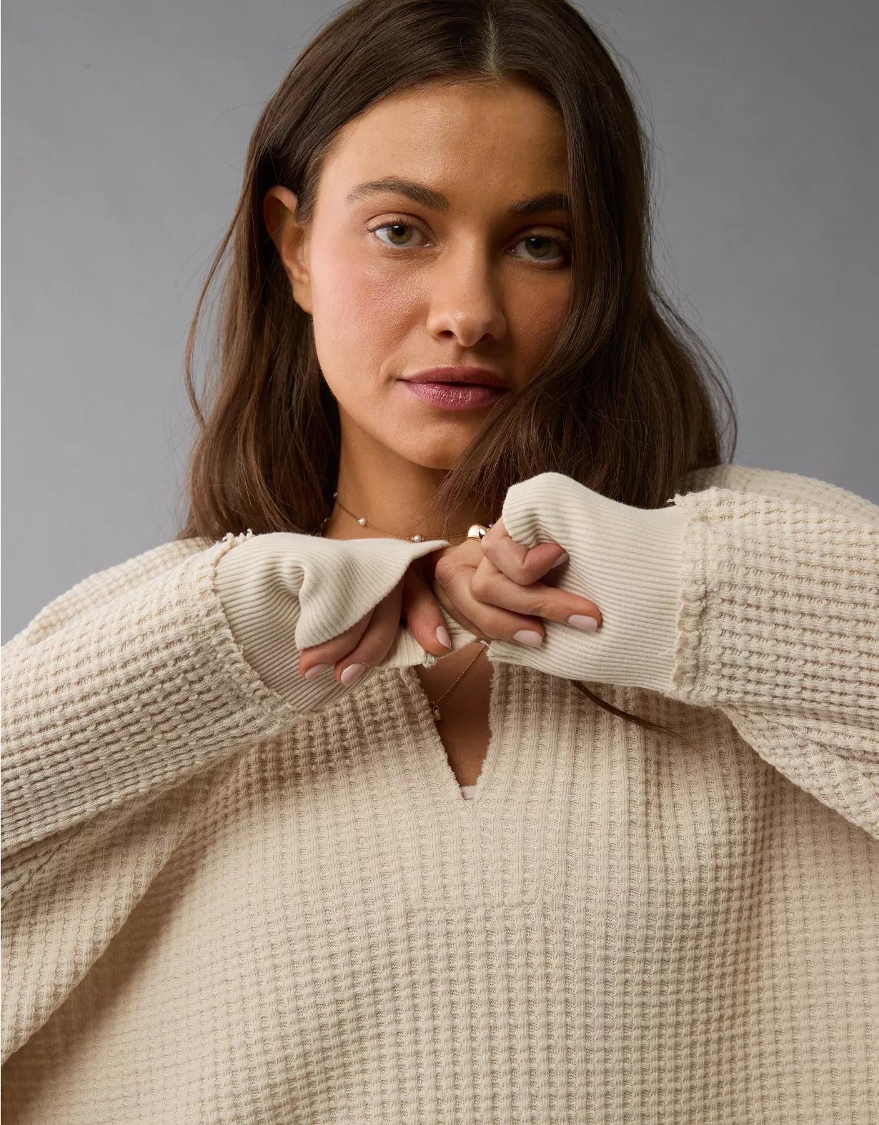 AE Big Hug Notch Neck Waffle Sweatshirt Product Image