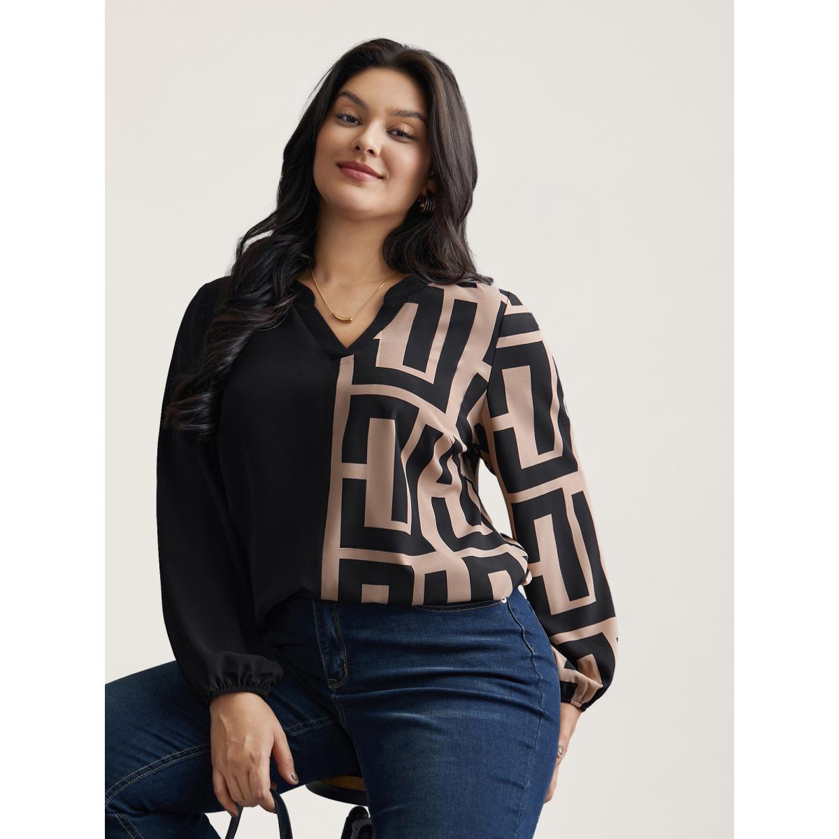 Plus Size Black Notched Geometric Colorblock Contrast Blouse Women At the Office Long Sleeve Notched collar Office Blouses BloomChic 12/L Product Image