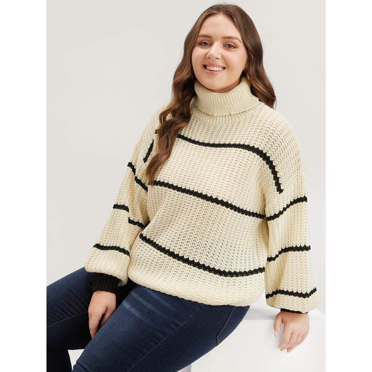 Plus Size Striped Contrast Pointelle Knit Lantern Sleeve Funnel Neck Knit Top Beige Women Elegant Loose Long Sleeve Turtleneck Dailywear Pullovers BloomChic 14-16/1X Product Image