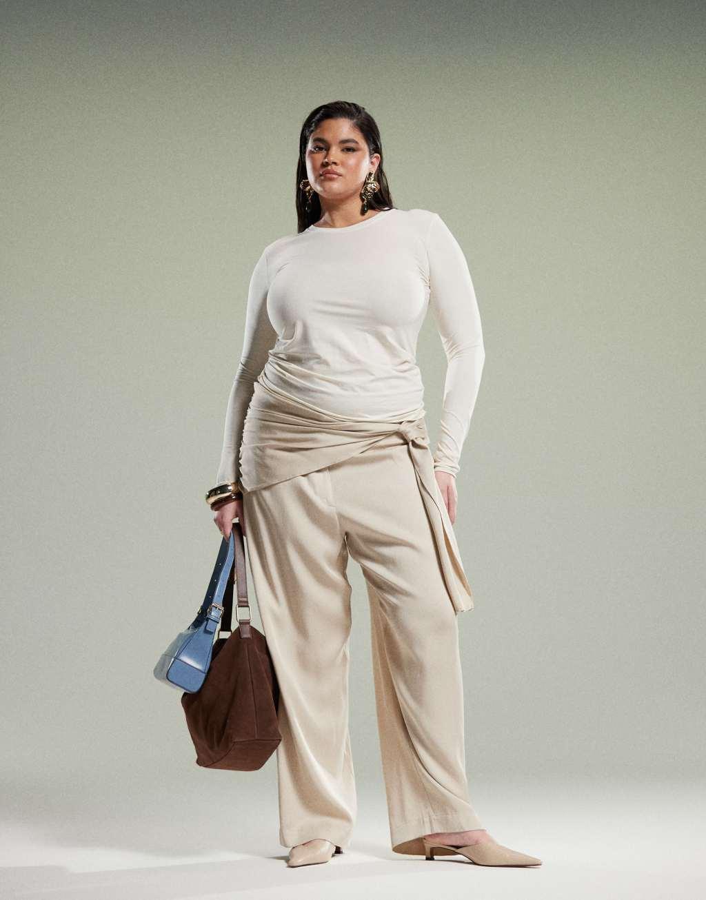 ASOS DESIGN Curve tapered pants with wrap detail in stone Product Image