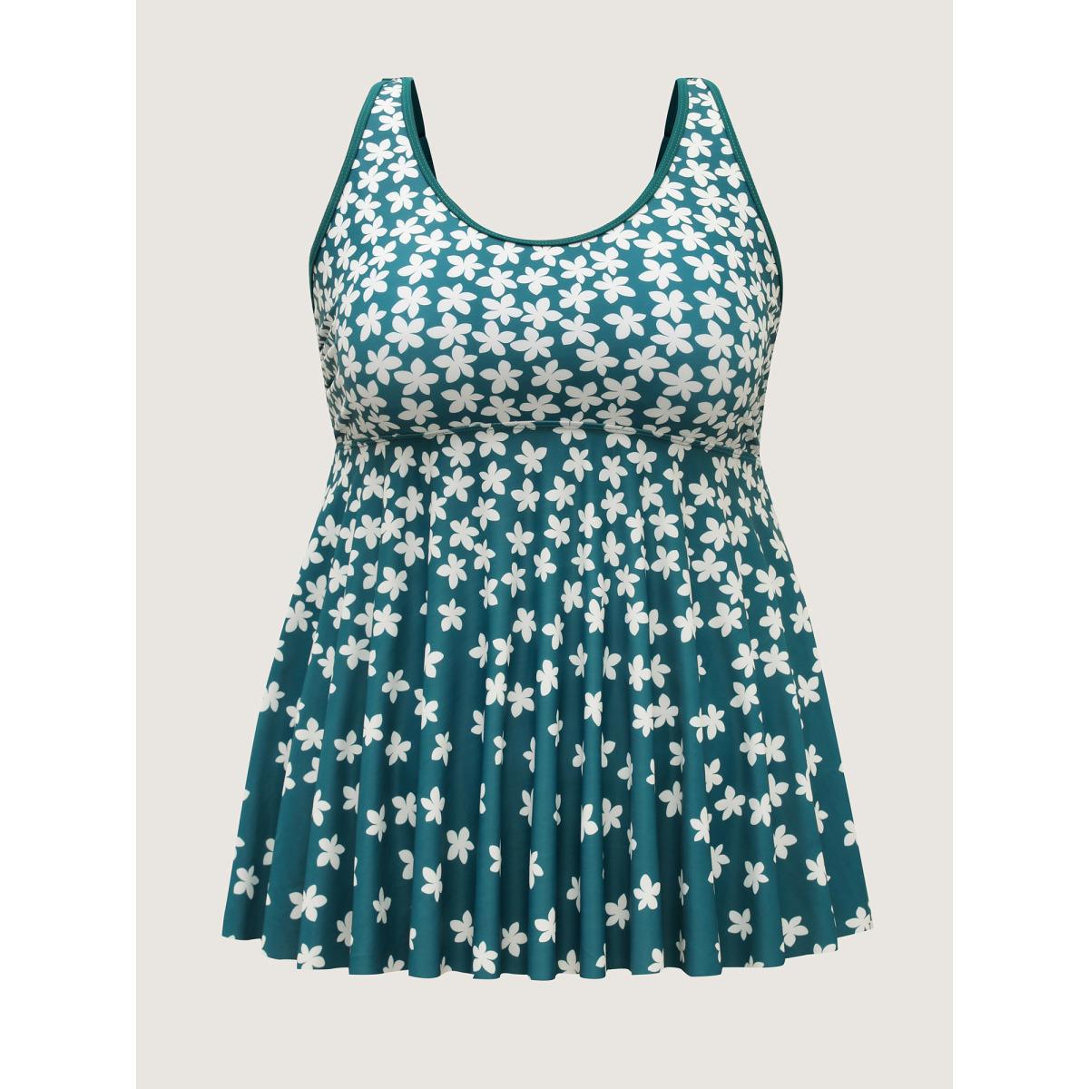 Plus Size Florals Everywhere Fit-and-Flare Swim Top Women's Swimwear Cyan Resort High stretch Bodycon U-neck Curve Swim Tops BloomChic 22-24/3X Product Image