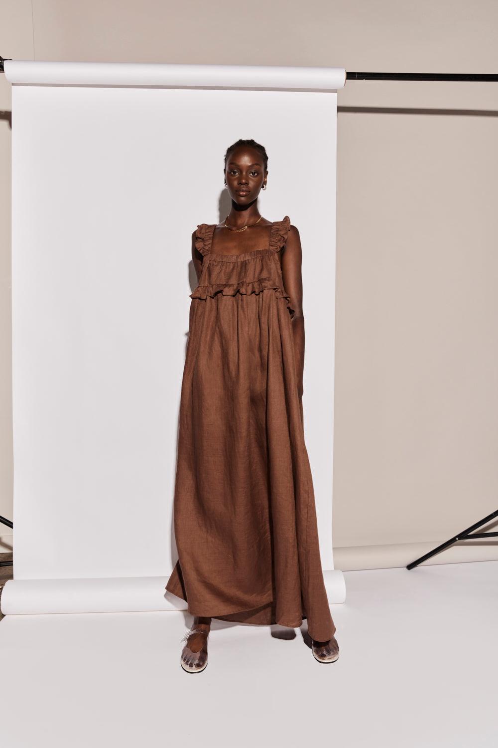Rossana Linen Maxi Dress Chocolate Product Image