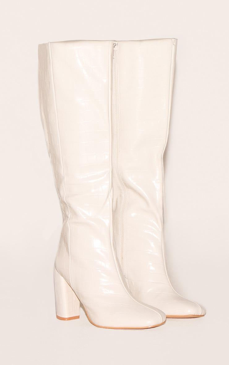 White Wide Fit Pu Croc Square Toe Block Heel Knee High Boots Product Image
