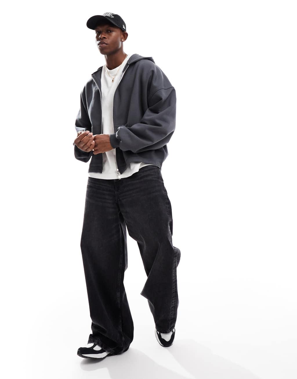 ASOS DESIGN premium heavyweight oversized zip through sweatshirt 400gsm with fixed hem in charcoal Product Image