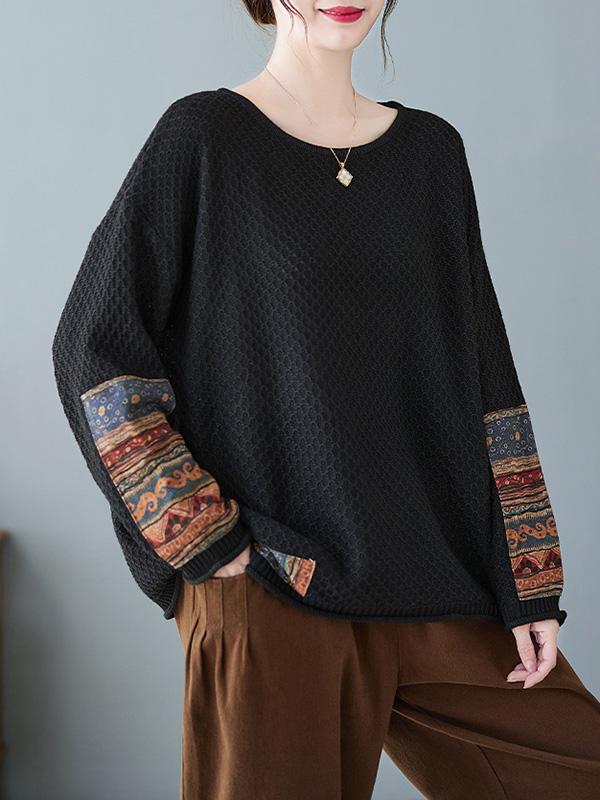 Long Sleeves Loose Printed Split-Joint Round-Neck Pullovers Sweater Tops Product Image