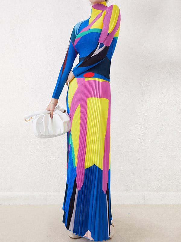 A-Line Loose Contrast Color Pleated Skirts Bottoms Product Image