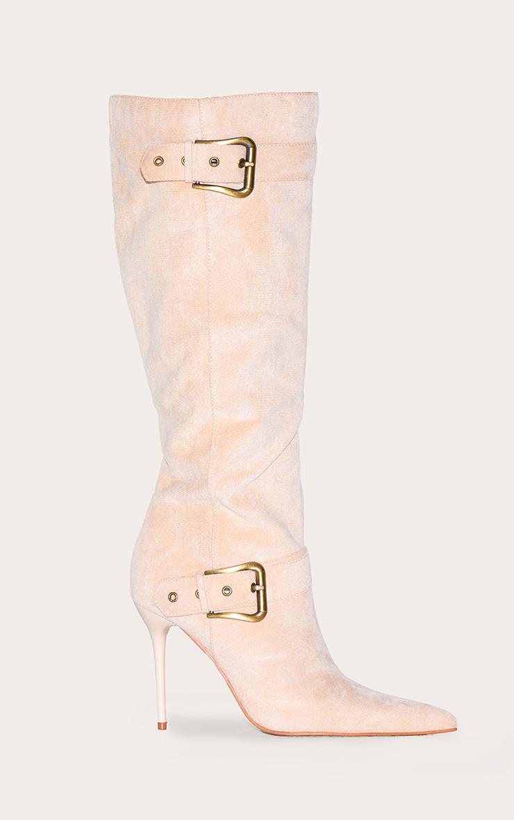 Stone Faux Suede Knee High Point Toe Buckle High Stiletto Knee High Boots Product Image
