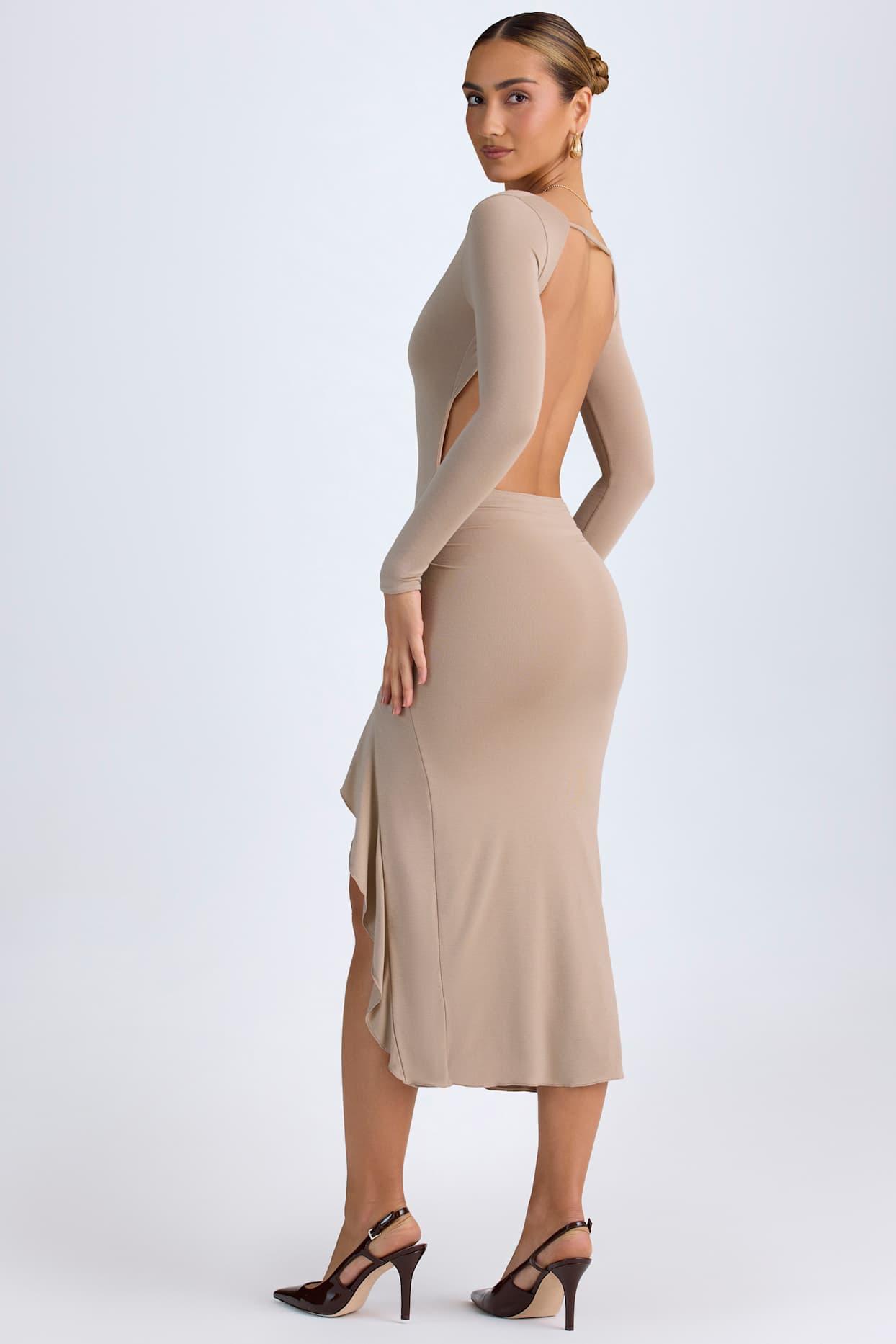 Modal Ruffled Midaxi Dress in Taupe Female Product Image