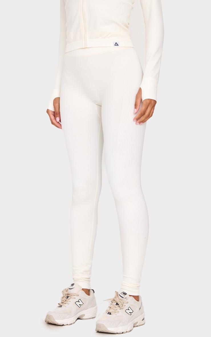 Cream Ribbed Detail Gym Leggings Product Image