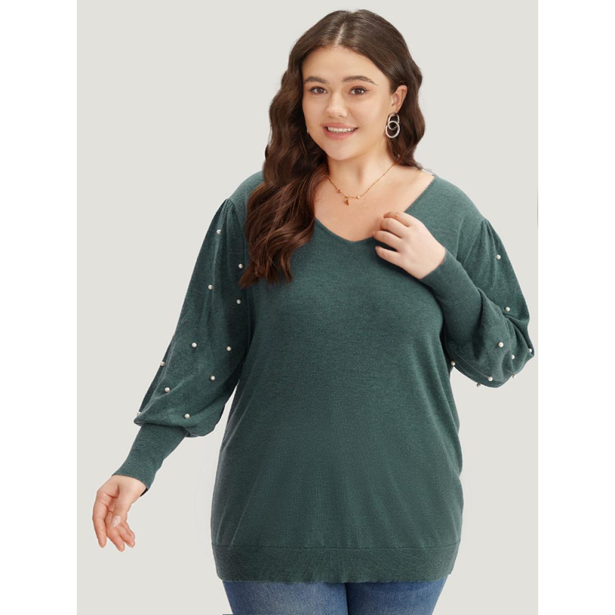 Plus Size Supersoft Essentials Solid Pearl Beaded Elastic Cuffs Pullover DarkGreen Women Casual Long Sleeve V-neck Dailywear Pullovers BloomChic 26/4X Product Image