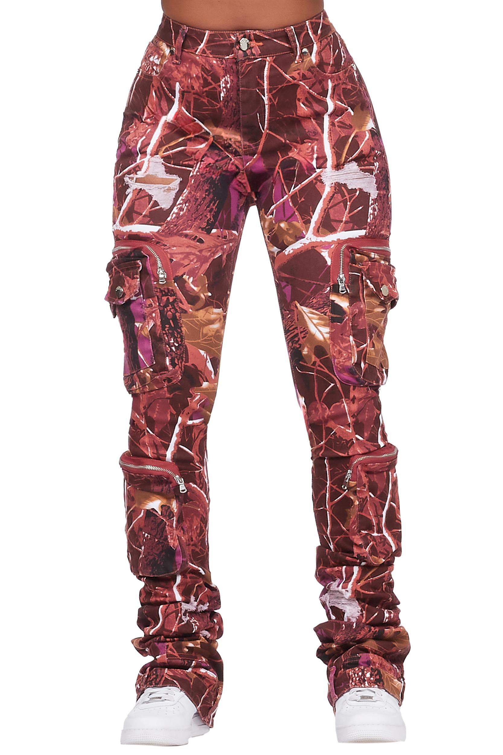 Alisson Burgundy Tree Camo Cargo Super Stacked Jean Female Product Image