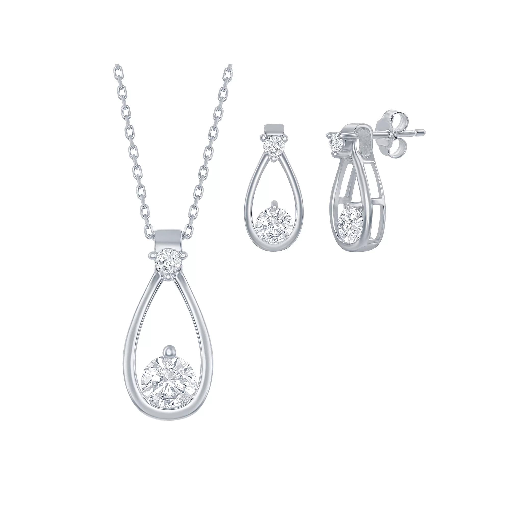 Sterling Silver Cubic Zirconia Open Teardrop Pendant Necklace & Earrings Set, Women's, Size: 18" Product Image