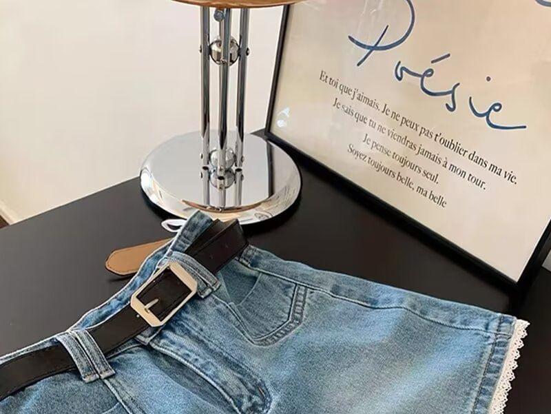 High Waist Washed Lace Trim Denim Shorts Product Image