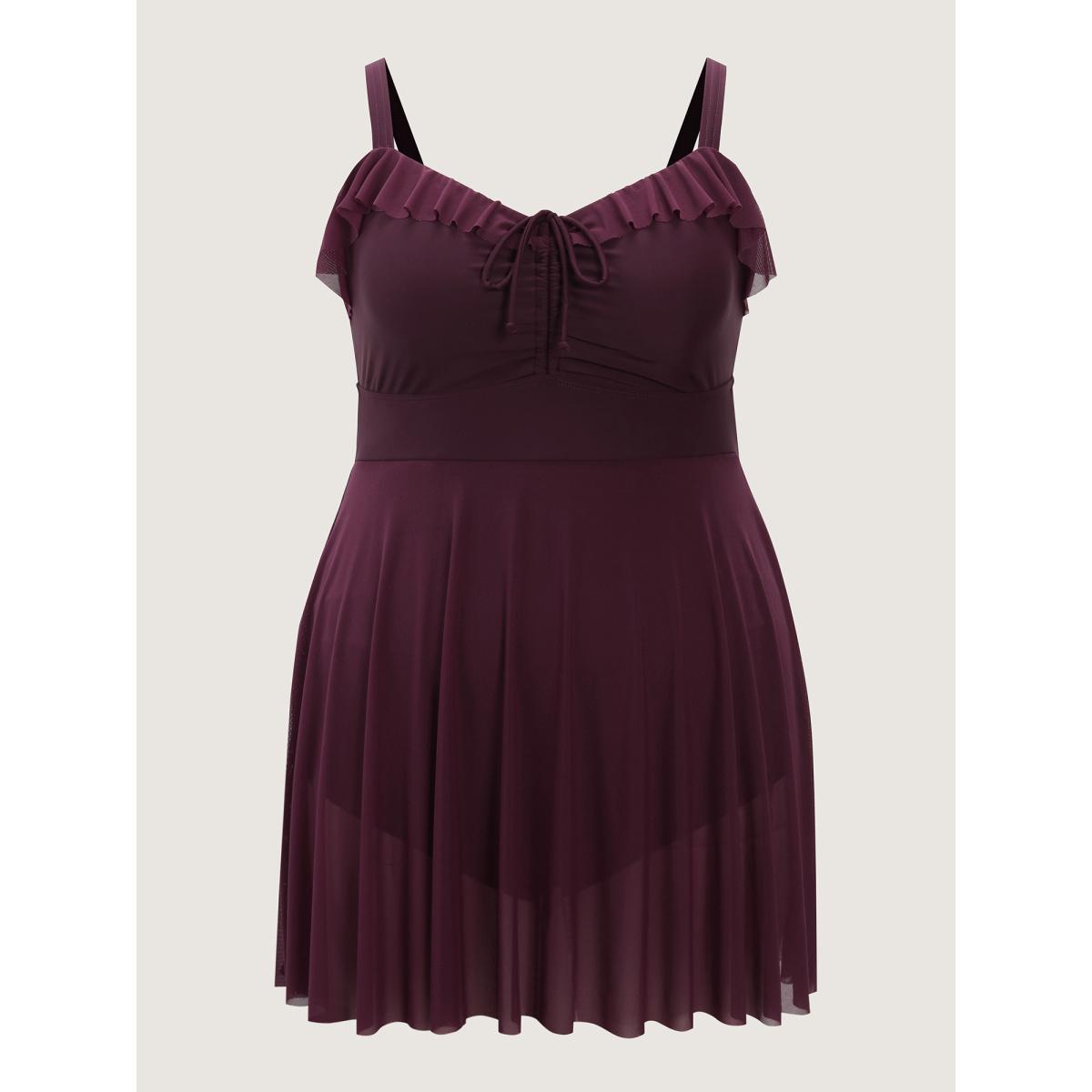 Plus Size Sheer Ruffled Channel Drawstring Swim Dress Women's Swimwear Plum Resort Bodycon Heart neckline High stretch Curve Swim Dresses BloomChic 12/L Product Image
