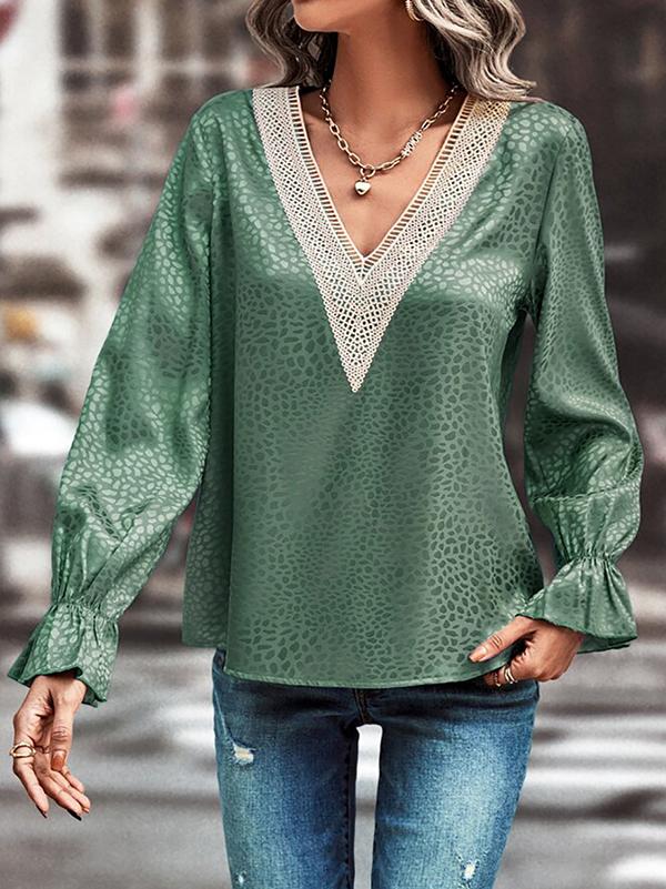 Long Sleeves Loose Elasticity Hollow Jacquard Leopard Split-Joint V-Neck Blouses&Shirts Tops Product Image
