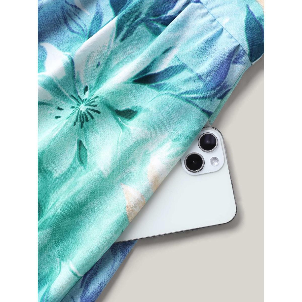 Plus Size Floral Print High Low Hem Midi Dress LightBlue Women Overlap Collar Short sleeve Curvy BloomChic 26/4X Product Image