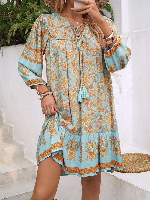 A-Line Loose Contrast Color Drawstring Flower Print Pleated Split-Joint V-Neck Mini Dresses Product Image