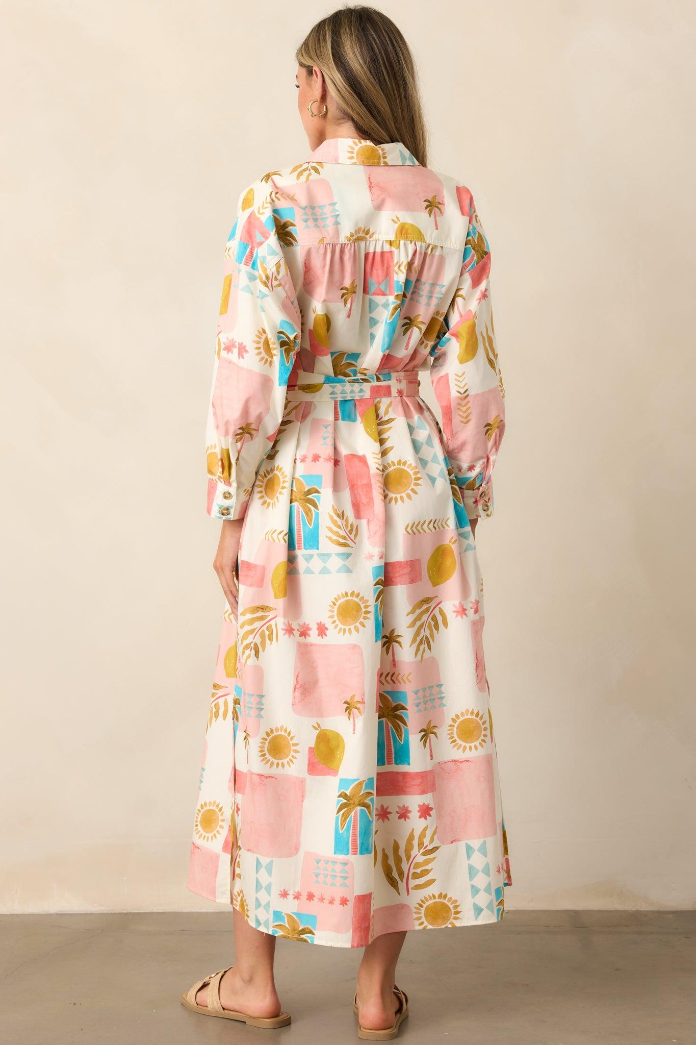 Palms & Paradise Pink Multi Tropical Print Button Front Maxi Dress Product Image
