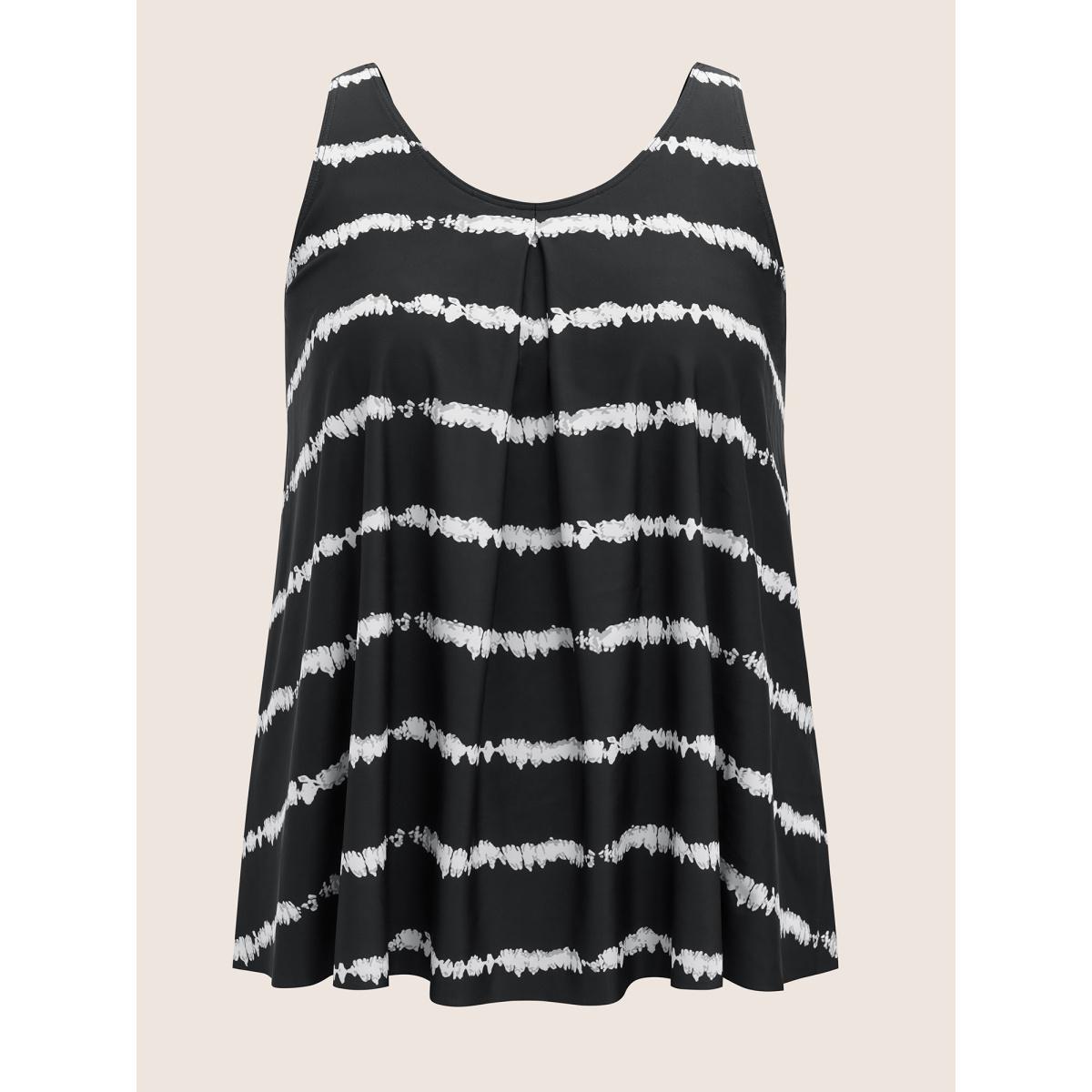 Plus Size Contrast Striped U Neck Pleated Swim Top Women's Swimwear Black Beach Pleated High stretch Bodycon U-neck Curve Swim Tops BloomChic 28/5X Product Image