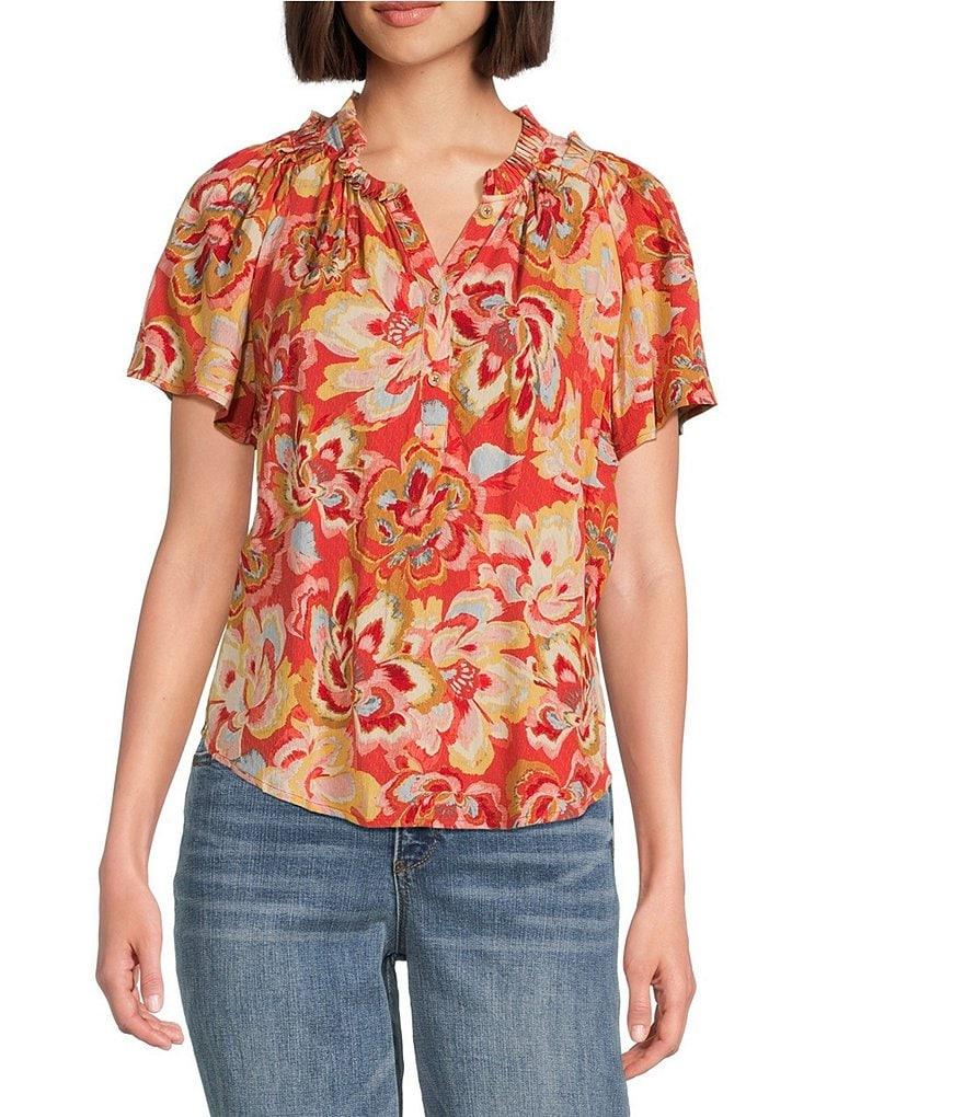 Democracy Petite Size Woven Floral Ruffled Trim Split-V Neck Short Bell Sleeve Top Product Image