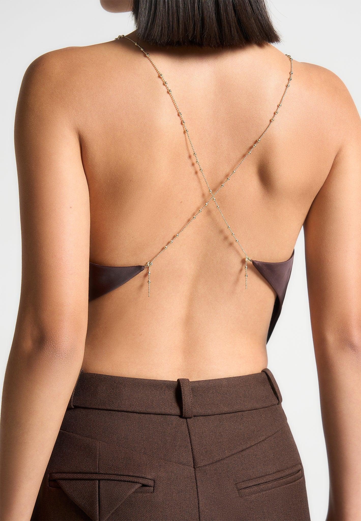 Satin Cowl Neck Top with Chain Detail - Brown Female Product Image