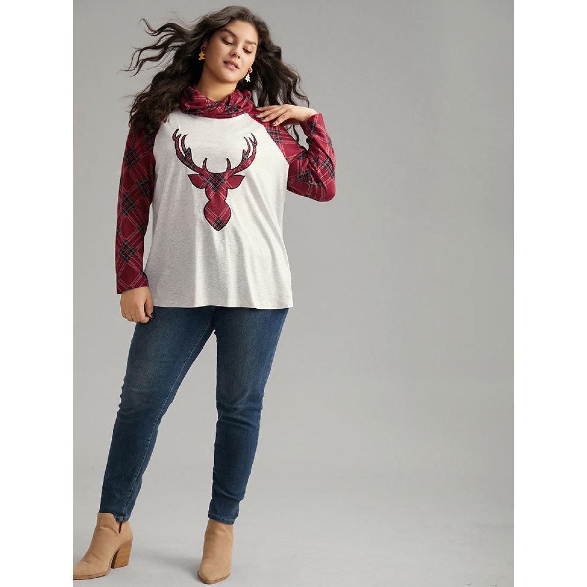 Plus Size Elk Plaid Patchwork Cowl Neck T-shirt LightGray Women Casual Contrast Christmas Cowl Neck Festival-Christmas T-shirts BloomChic 10/M Product Image