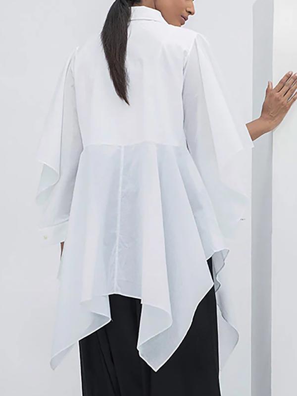 Flared Sleeves Half Sleeves Buttoned Solid Color Split-Joint Lapel Blouses&Shirts Tops Product Image