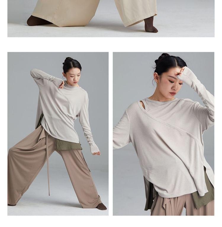 Long-Sleeve Crew Neck Plain Asymmetrical Dance Top Product Image