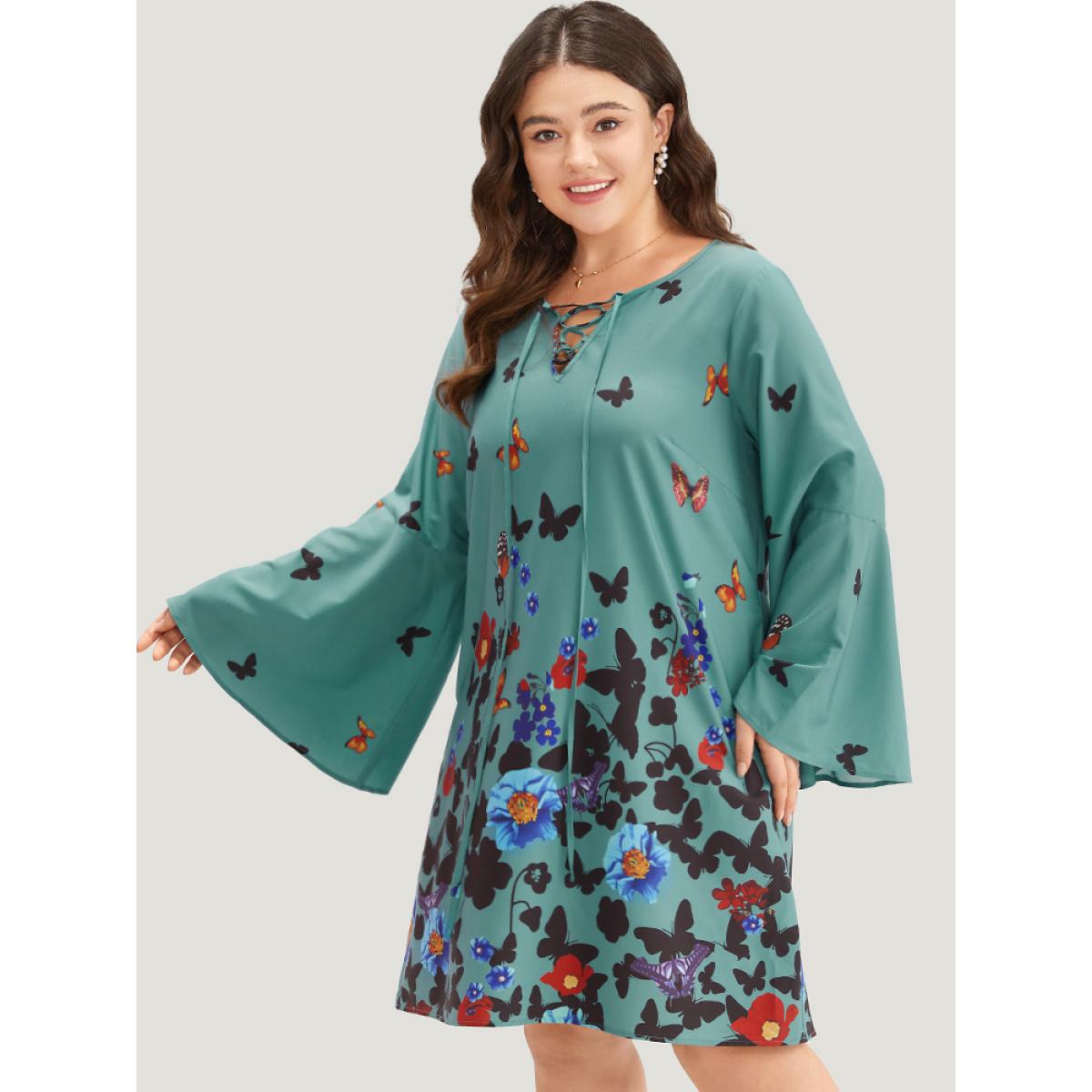 Plus Size Butterfly & Floral Print Knot Neck Bell Sleeve Dress Turquoise Women Elegant Cross straps Tie Neck Long Sleeve Curvy Knee Dress BloomChic 12/L Product Image