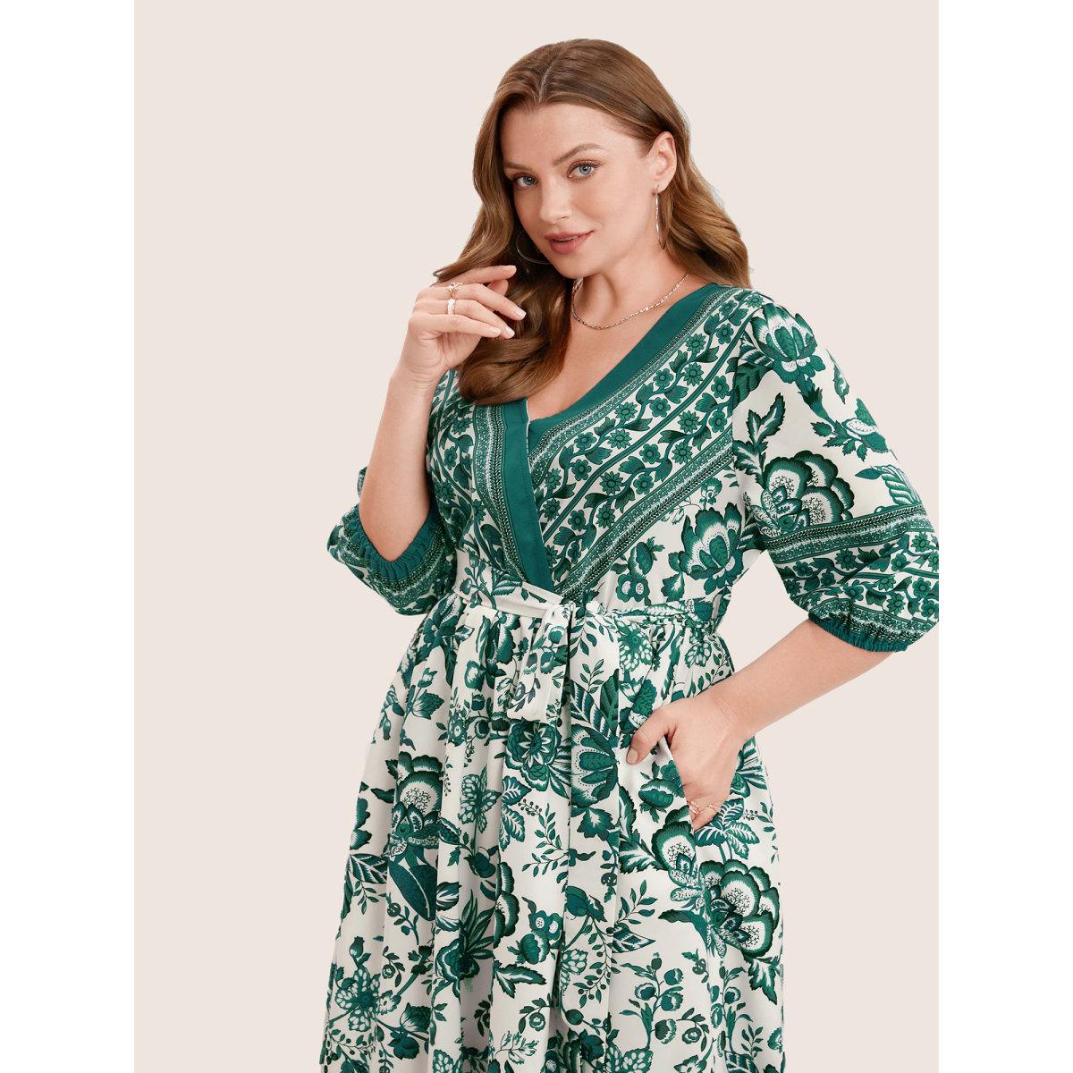 Plus Size Bandana Print Surplice Neck Lantern Sleeve Pocket Belted Midi Dress Green Women Resort Non V-neck Half Sleeve Curvy Midi Dress BloomChic 30/6X Product Image