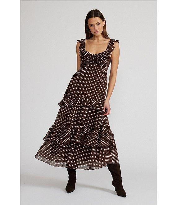 Lucy Paris Cassandra Dotted Chiffon Sweetheart Neck Sleeveless Ruffle Tiered Midi Dress Product Image