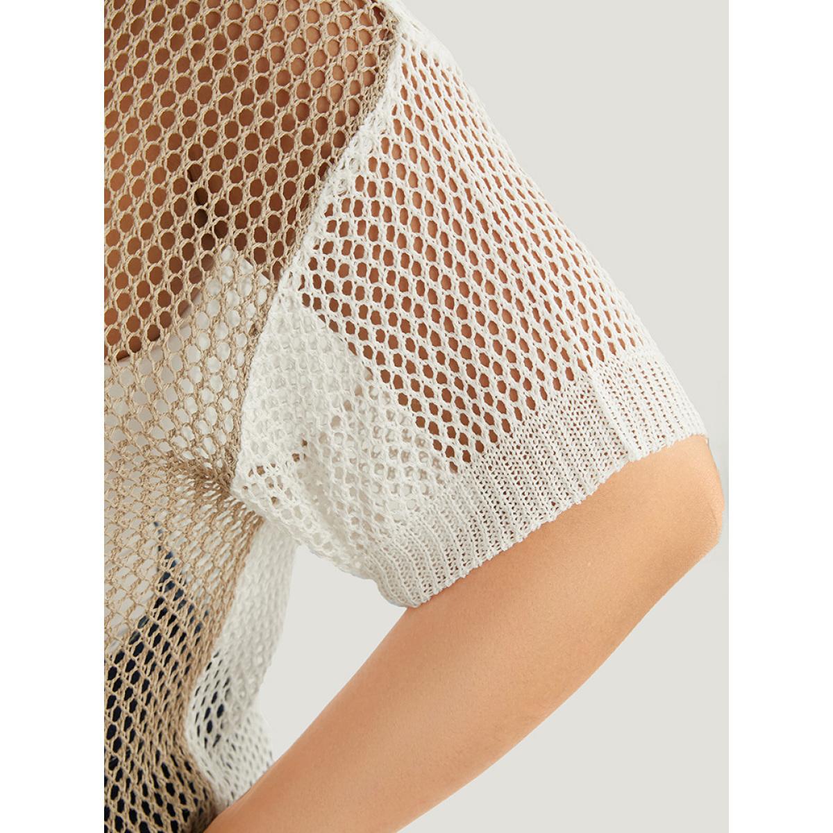 Plus Size Colorblock Contrast Hollow Out Batwing Sleeve Knit Top Multicolor Women Elegant Short sleeve Round Neck Dailywear Pullovers BloomChic 12/L Product Image