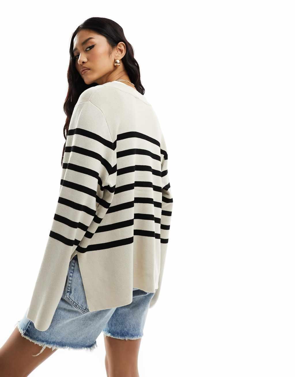 Object button through knitted cardigan in beige with black stripe Product Image