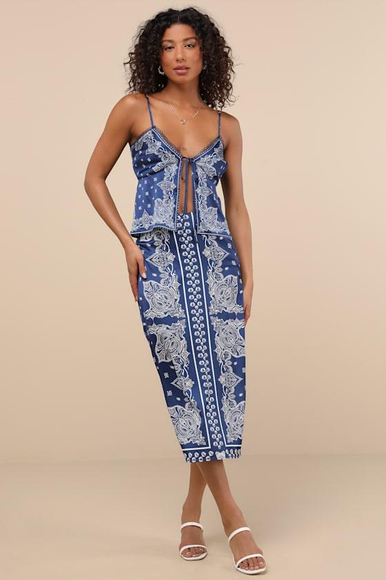 Calypso Blue Banadana Print Satin Midi Skirt Product Image