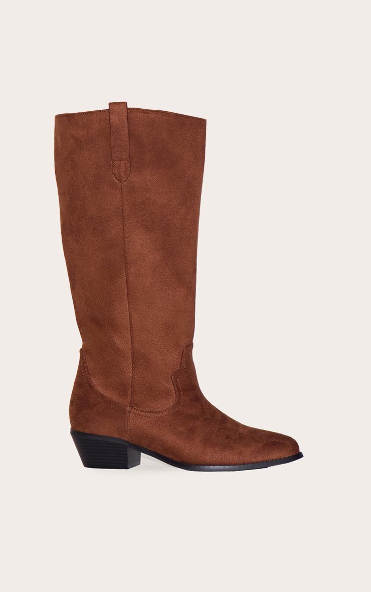 Chocolate Wide Fit Faux Suede Point Toe Knee High Western Boots Product Image